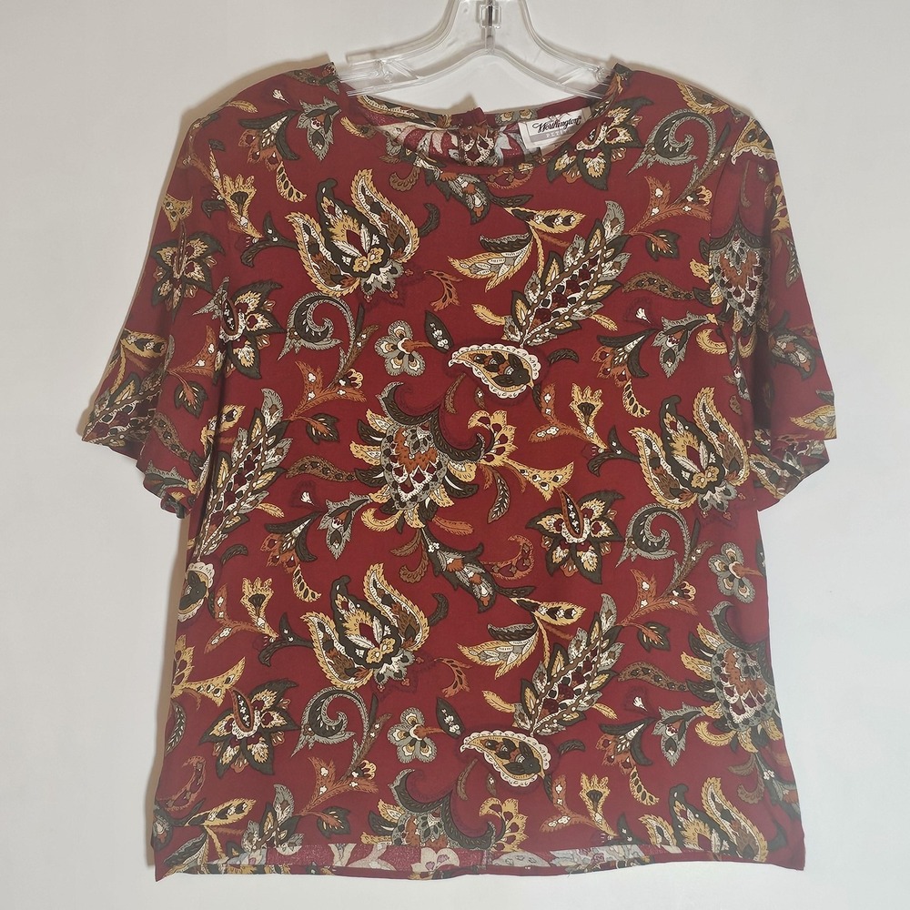Vintage Worthington Top Womens Petite Medium Red Paisley Made USA 90s Classic PM
